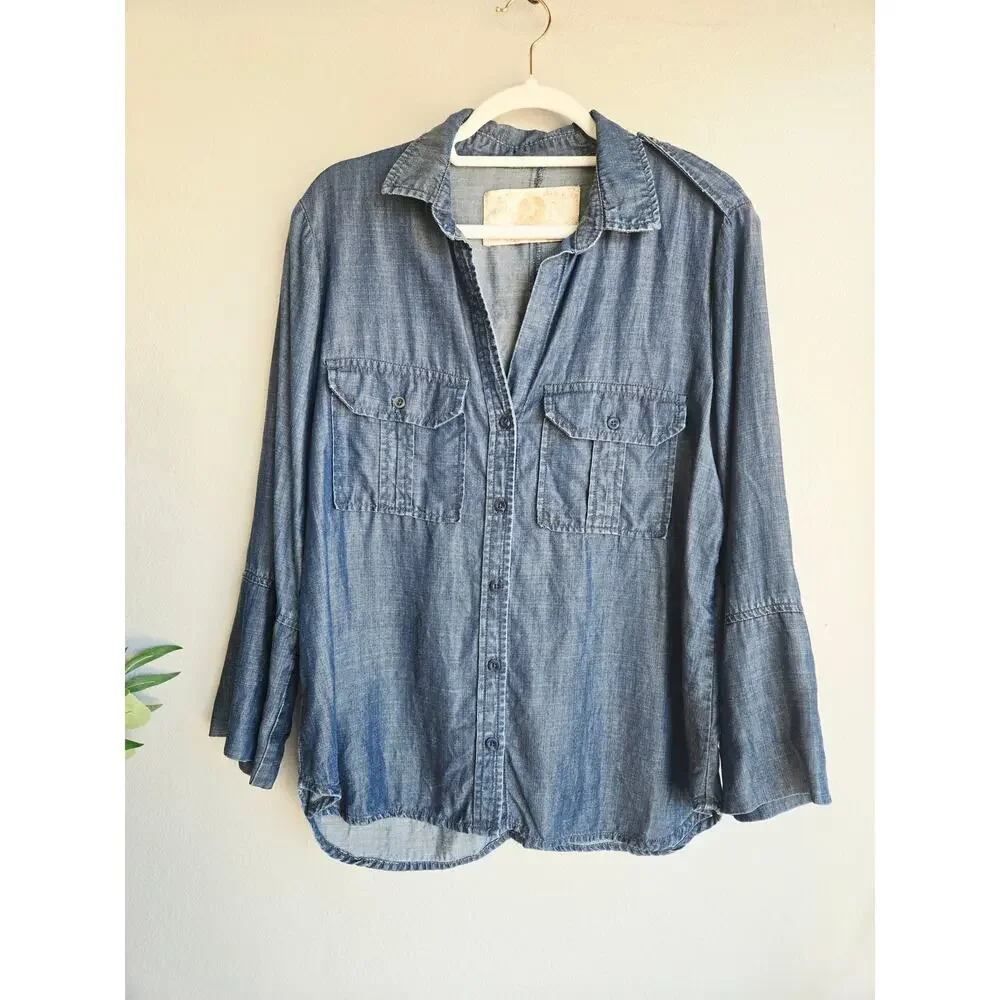 Bella Dahl Blue Tencel Button Down Shirt Flared Sleeve Western Style Top Size M